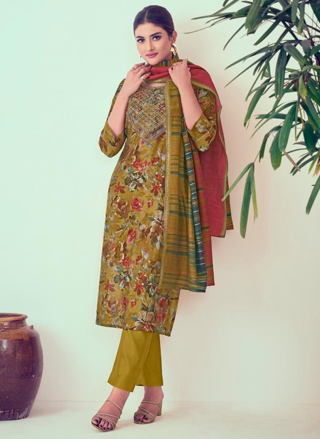 Modal Chanderi Mustard Festival Wear Foil Print Readymade Printed Suit